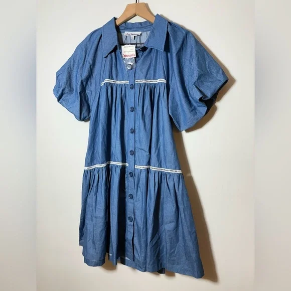 En Saison Blue Tara Puff-Sleeve Babydoll Mini Shirtdress Sz Small NEW - Picture 5 of 13